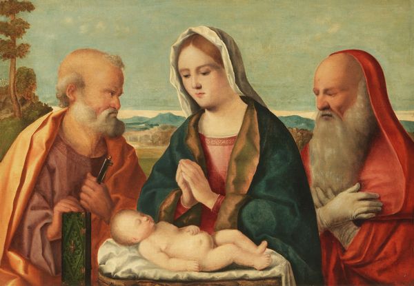 Scuola veneta del XVI secolo : Madonna adorante il Bambino, San Pietro e San Girolamo  - Asta Importanti Dipinti e Arredi Antichi - Associazione Nazionale - Case d'Asta italiane