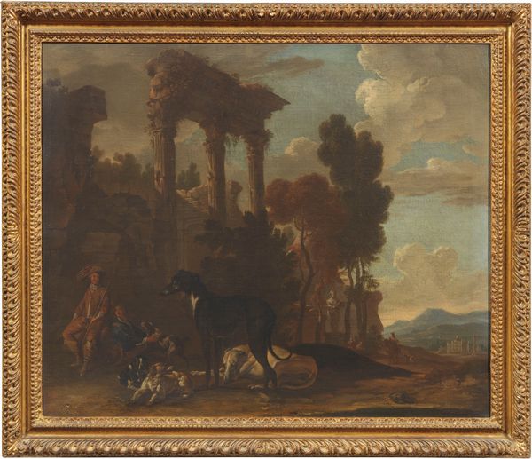 Scuola inglese del XVII secolo : Paesaggio con rovine e cani  - Asta Dipinti e Sculture del XIX e XX secolo - Associazione Nazionale - Case d'Asta italiane