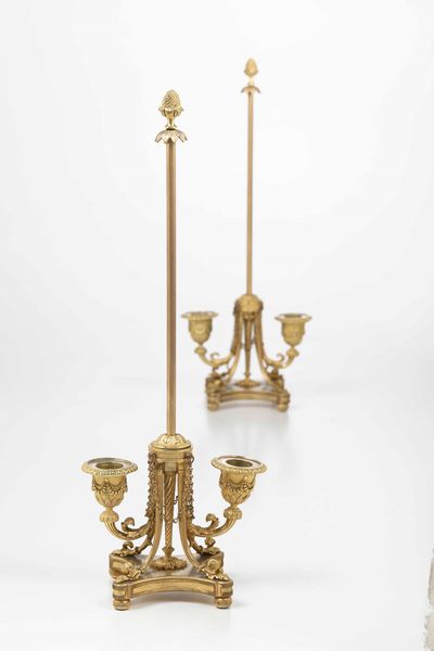 Coppia di candelabri. Bronzo fuso, cesellato e dorato. Francia XIX secolo. Ambito di Henri Picard (1831-1864)  - Asta Dimore italiane - Associazione Nazionale - Case d'Asta italiane