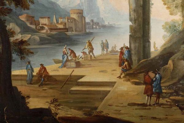 Scuola del XVIII secolo Paesaggio con rovine e figure in riva a un fiume  - Asta Dimore italiane - Associazione Nazionale - Case d'Asta italiane