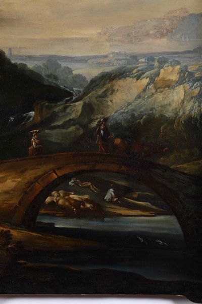 Scuola del XVIII secolo Paesaggio fluviale con ponte e pastori  - Asta Dimore italiane - Associazione Nazionale - Case d'Asta italiane
