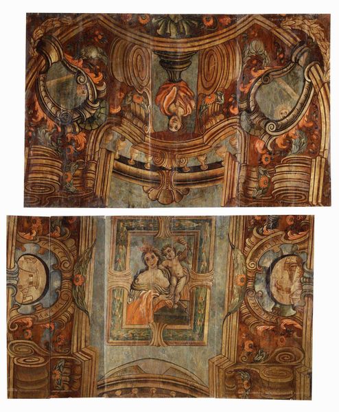 Quinta architettonica e edicola con Madonna con Bambino, boiserie in legno dipinto. Arte barocca italiana del XVIII secolo  - Asta Dimore italiane - Associazione Nazionale - Case d'Asta italiane