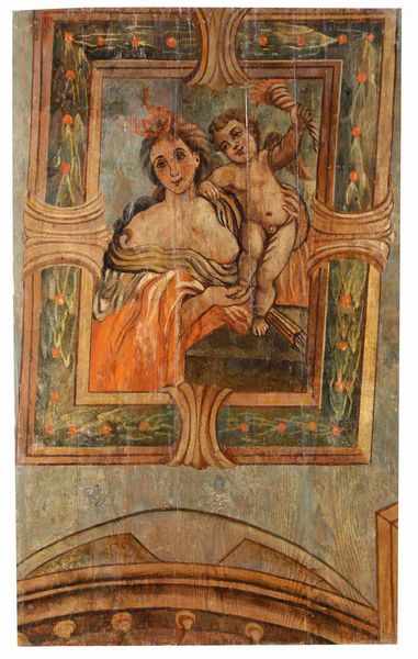 Quinta architettonica e edicola con Madonna con Bambino, boiserie in legno dipinto. Arte barocca italiana del XVIII secolo  - Asta Dimore italiane - Associazione Nazionale - Case d'Asta italiane