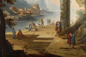Scuola del XVIII secolo Paesaggio con rovine e figure in riva a un fiume  - Asta Dimore italiane - Associazione Nazionale - Case d'Asta italiane