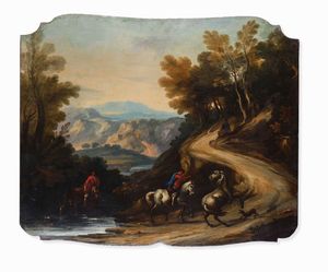 Scuola del XVIII secolo Paesaggio fluviale con due cavalieri  - Asta Dimore italiane - Associazione Nazionale - Case d'Asta italiane