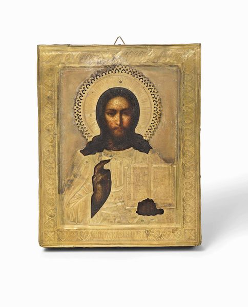 Icona raffigurante Cristo Pantocratore con riza in argento,  Russia, XIX secolo  - Asta Dipinti Antichi - Associazione Nazionale - Case d'Asta italiane