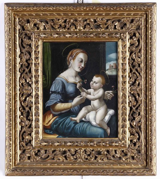 Scuola del XVI secolo Madonna con Bambino in un interno  - Asta Dipinti Antichi - Associazione Nazionale - Case d'Asta italiane