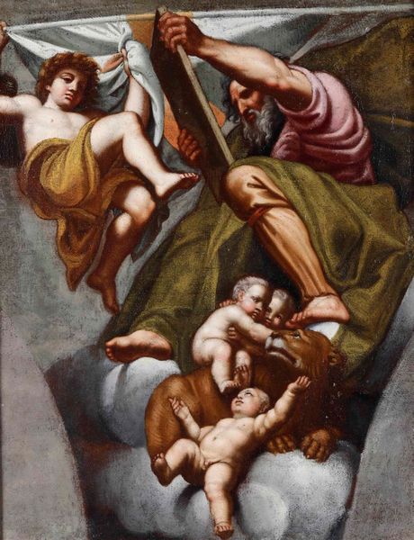 Scuola del XVII secolo San Marco tra angeli  - Asta Dipinti Antichi - Associazione Nazionale - Case d'Asta italiane