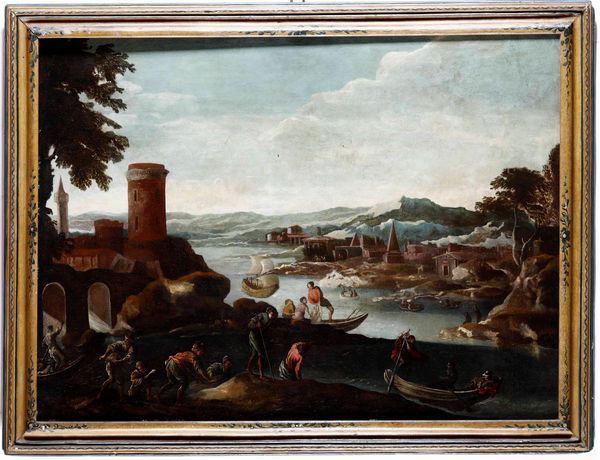 Scuola del XVIII secolo Veduta di porto con imbarcazioni  - Asta Dipinti Antichi - Associazione Nazionale - Case d'Asta italiane