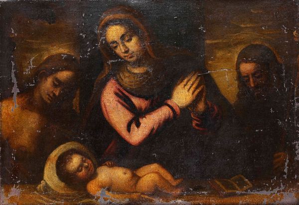 Scuola lombarda del XVII secolo Adorazione del Bambino  - Asta Dipinti Antichi - Associazione Nazionale - Case d'Asta italiane