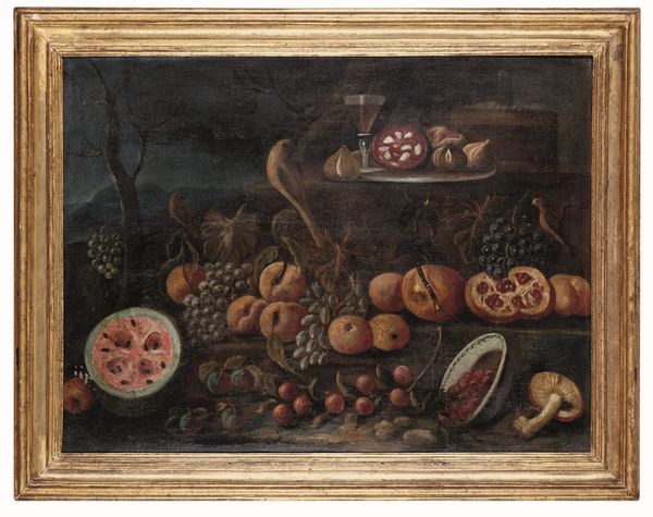 Scuola romana del XVIII secolo Natura morta con frutta, funghi e uccellini  - Asta Dipinti Antichi - Associazione Nazionale - Case d'Asta italiane