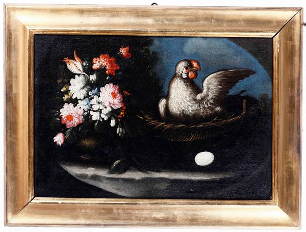 Scuola del XVIII secolo Nature morte con fiori e gallinacei  - Asta Dipinti Antichi - Associazione Nazionale - Case d'Asta italiane