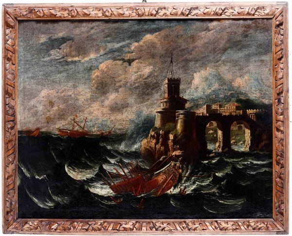 Scuola del XVIII secolo Paesaggio costiero con naufragio  - Asta Dipinti Antichi - Associazione Nazionale - Case d'Asta italiane