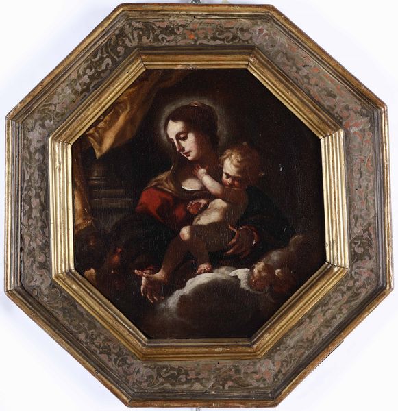 Scuola del XVII secolo Madonna con Bambino e San Giovannino  - Asta Dipinti Antichi - Associazione Nazionale - Case d'Asta italiane
