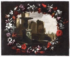 Carlo Antonio Procaccini, nei modi di - Paesaggio con architetture entro ghirlanda di fiori