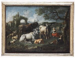 Philipp Peter Roos detto Rosa da Tivoli, nei modi di - Paesaggio con pastore, armenti e filatrice
