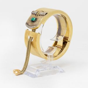 Bracciale a fascia rigida in oro giallo con smeraldo e diamanti  - Asta Gioielli e Orologi - Associazione Nazionale - Case d'Asta italiane