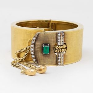 Bracciale a fascia rigida in oro giallo con smeraldo e diamanti  - Asta Gioielli e Orologi - Associazione Nazionale - Case d'Asta italiane