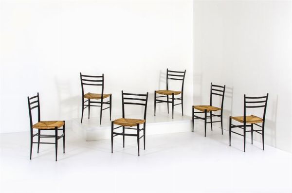 PRODUZIONE ITALIANA : Sei sedie in legno ebanizzato, sedili in paglia.Prod. Chiavari, Liguria anni '40cm 83x40x41,5  - Asta Asta 145 - Design - Associazione Nazionale - Case d'Asta italiane