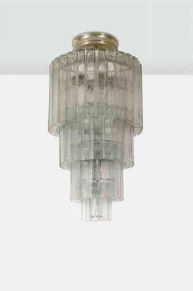 BAROVIER : Lampadario con struttura in metallo con elementi pendenti in vetro di Murano.Anni '60cm 120x60Difetti ai vetri  - Asta Asta 145 - Design - Associazione Nazionale - Case d'Asta italiane