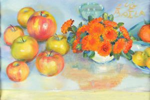 Luce Balla - Natura morta con vaso di fiori e mele