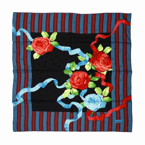 FERRE' GIANFRANCO : Foulard nero a righe e fiori multicolore.  - Asta 04/05/2023 | FASHION LUXURY - ALTA MODA, BORSE E ACCESSORI DI LUSSO Online - Associazione Nazionale - Case d'Asta italiane