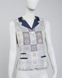 HERMES - Gilet in seta stampata 'Les Feux de l'Hiver' con profili blu.