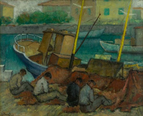 Oreste Zuccoli : Pescatori che rammendano le reti  - Asta Arte Moderna, Contemporanea, '800 e '900 - Associazione Nazionale - Case d'Asta italiane