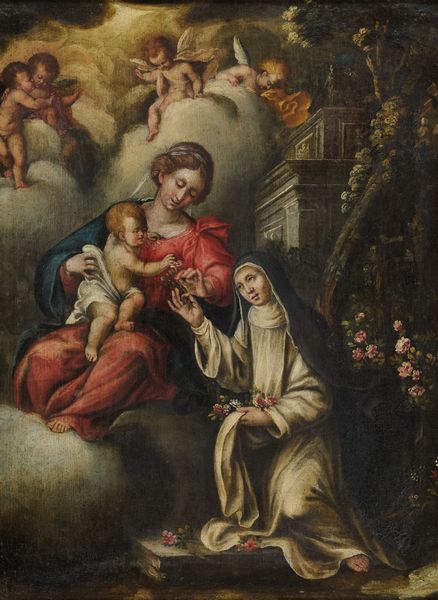 Scuola Marchigiana fine sec XVI : Madonna con bambina Santa Caterina e angeli  - Asta Arte Moderna, Contemporanea, '800 e '900 - Associazione Nazionale - Case d'Asta italiane