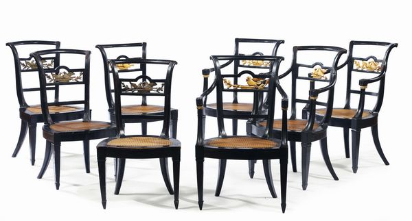 Insieme di quattro poltrone e sei sedie in legno ebanizzato, XVIII secolo  - Asta Antiquariato - Associazione Nazionale - Case d'Asta italiane