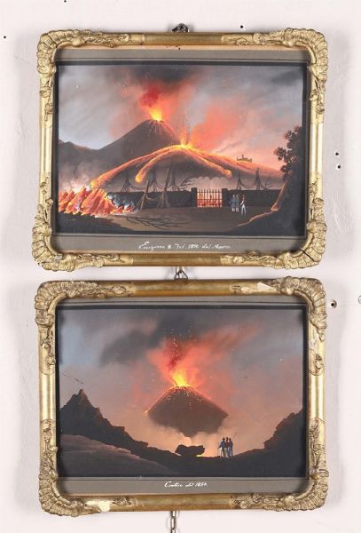 Coppia di gouaches raffiguranti eruzione del Vesuvio, XIX secolo  - Asta Antiquariato - Associazione Nazionale - Case d'Asta italiane