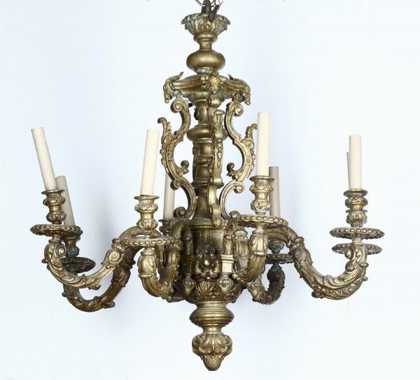 Grande lampadario in bronzo dorato a 10 luci, Toscana fine XIX secolo  - Asta Antiquariato - Associazione Nazionale - Case d'Asta italiane