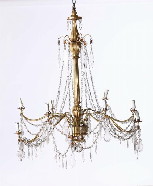 Coppia di lampadari a 12 luci in legno dorato e cristalli, fine XVIII secolo  - Asta Antiquariato - Associazione Nazionale - Case d'Asta italiane