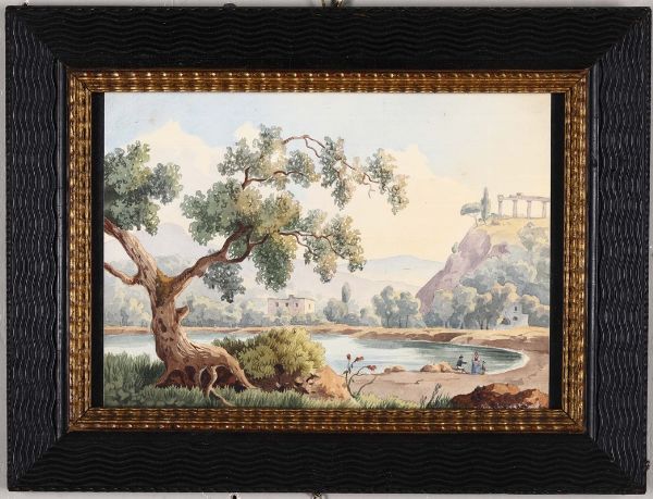 Due gouaches diverse raffiguranti paesaggio e golfo di Napoli, XIX secolo  - Asta Antiquariato - Associazione Nazionale - Case d'Asta italiane