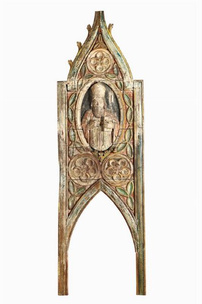 Coppia di grandi pannelli in legno scolpito e dipinto, probabile XV-XVI secolo  - Asta Antiquariato - Associazione Nazionale - Case d'Asta italiane
