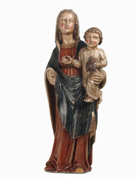 Madonna con Bambino in legno scolpito e policromo in stile gotico, XX secolo  - Asta Antiquariato - Associazione Nazionale - Case d'Asta italiane