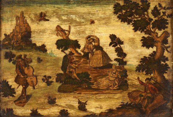 Coppia di pannelli lignei decorati ad arte povera, Venezia XVIII secolo  - Asta Antiquariato - Associazione Nazionale - Case d'Asta italiane