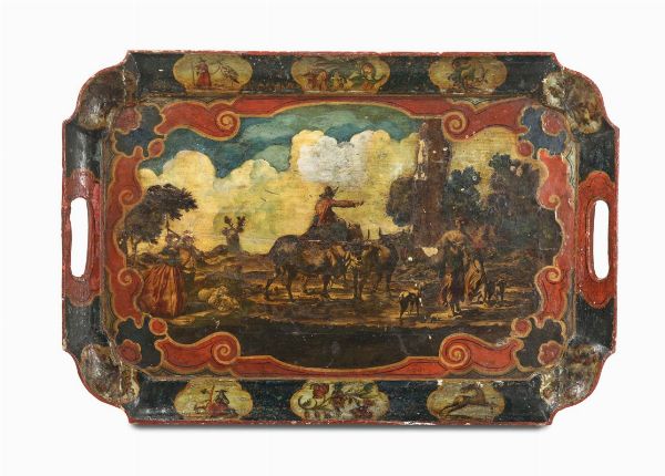 Vassoio biansato in legno dipinto, XVIII secolo  - Asta Antiquariato - Associazione Nazionale - Case d'Asta italiane