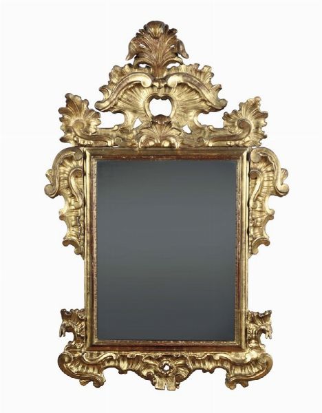 Specchiera in legno intagliato e dorato, XVIII-XIX secolo  - Asta Antiquariato - Associazione Nazionale - Case d'Asta italiane