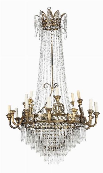 Grande lampadario in bronzo e cristalli in stile Luigi XIV, XIX secolo  - Asta Antiquariato - Associazione Nazionale - Case d'Asta italiane