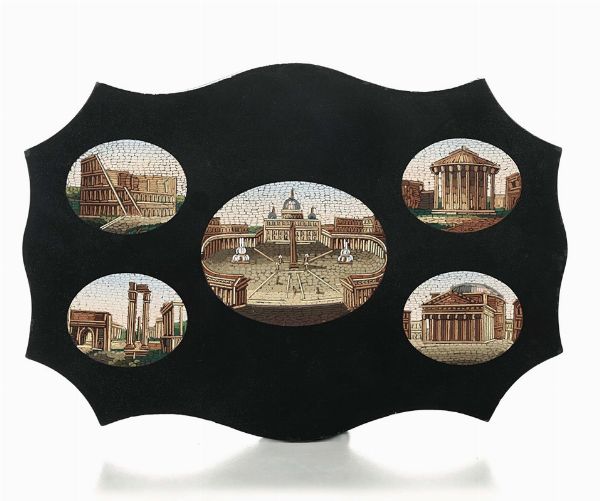 Placca con cinque micromosaici di rovine, XIX secolo  - Asta Antiquariato - Associazione Nazionale - Case d'Asta italiane