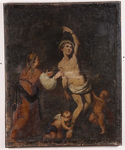 Lotto di due dipinti raffiguranti S.Sebastiano ed episodio religioso, XVIII secolo  - Asta Antiquariato - Associazione Nazionale - Case d'Asta italiane