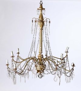 Coppia di lampadari a 12 luci in legno dorato e cristalli, fine XVIII secolo  - Asta Antiquariato - Associazione Nazionale - Case d'Asta italiane