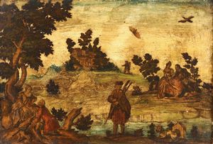 Coppia di pannelli lignei decorati ad arte povera, Venezia XVIII secolo  - Asta Antiquariato - Associazione Nazionale - Case d'Asta italiane