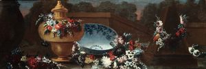 Lavagna Francesco - Natura morta con fiori e vasellame