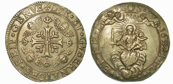 GENOVA. DOGI BIENNALI E GOVERNATORI DELLA REPUBBLICA, 1528-1797. SERIE DELLA III FASE, 1637-1797. 2 Scudi 1692. Sigle ITC.  - Asta Numismatica - Associazione Nazionale - Case d'Asta italiane