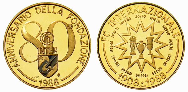 OTTANTESIMO ANNIVERSARIO DELLA FONDAZIONE DELL'INTER (1908-1988). Medaglia ufficiale in oro 1988.  - Asta Numismatica - Associazione Nazionale - Case d'Asta italiane