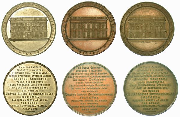 TEATRO LIRICO INTERNAZIONALE MILANO. Lotto di tre medaglie, una in metallo bianco e due in bronzo 1894.  - Asta Numismatica - Associazione Nazionale - Case d'Asta italiane