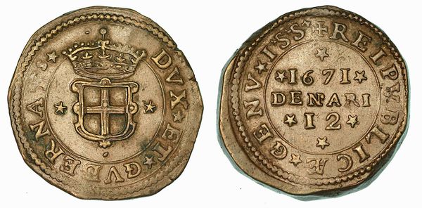 GENOVA. DOGI BIENNALI E GOVERNATORI DELLA REPUBBLICA, 1528-1797. SERIE DELLA III FASE, 1637-1797. 12 Denari 1671.  - Asta Numismatica - Associazione Nazionale - Case d'Asta italiane