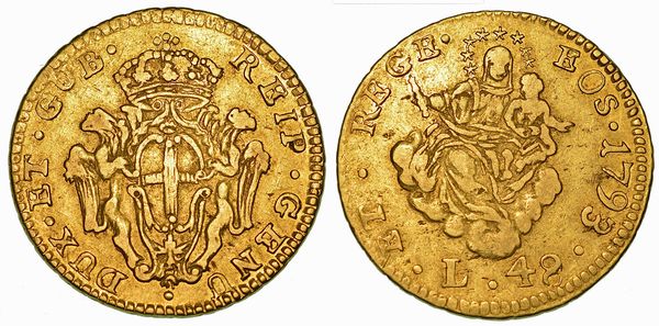 GENOVA. DOGI BIENNALI E GOVERNATORI DELLA REPUBBLICA, 1528-1797. SERIE DELLA III FASE, 1637-1797. 48 Lire 1793.  - Asta Numismatica - Associazione Nazionale - Case d'Asta italiane